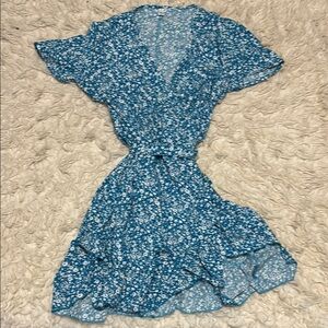 Blue and White High Low Wrap Sundress with Flutter Sleeves